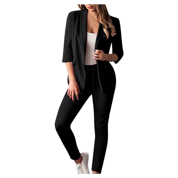 Atogsazn Women's 2 Piece Business Elegant Outfits Summer Long Sleeve Blazer +Long Pants Matching Sets Black S on Clearance