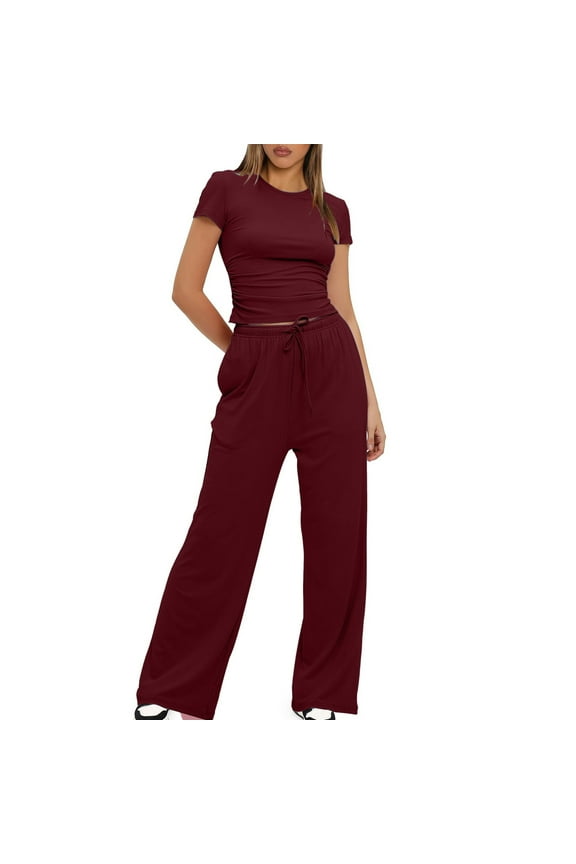 Women's 2 Piece Lounge Sets Wide Leg Pants and Short Sleeve Cropped Top Casual Outfits Workout Tracksuit Wine M