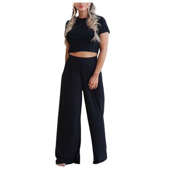 Atogsazn Women's 2 Piece Outfits Lounge Sets Ruched Short Sleeve Crop Tops and High Waisted Wide Leg Pants Matching Sets Tracksuit Black L on Clearance