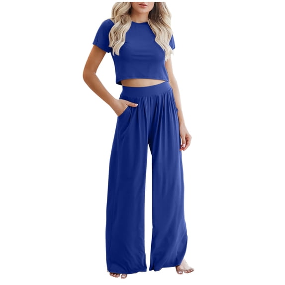 Atogsazn Women's 2 Piece Outfits Lounge Sets Ruched Short Sleeve Crop Tops and High Waisted Wide Leg Pants Matching Sets Tracksuit Blue S on Clearance