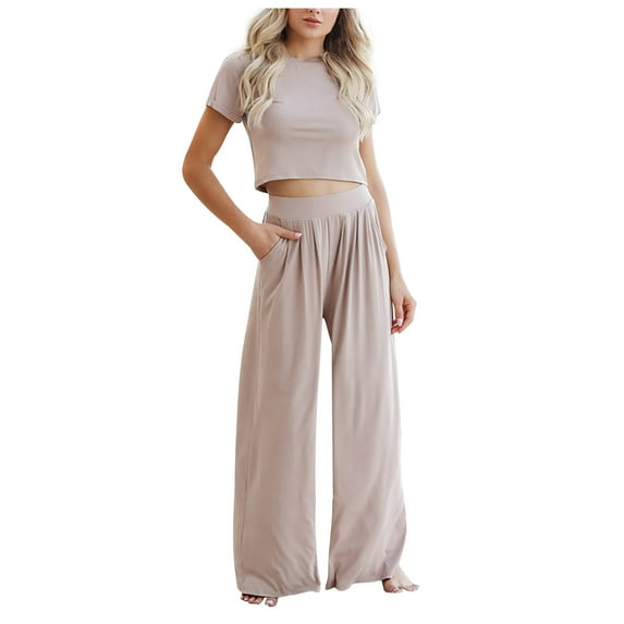 Atogsazn Women's 2 Piece Outfits Lounge Sets Ruched Short Sleeve Crop Tops and High Waisted Wide Leg Pants Matching Sets Tracksuit Khaki XXL