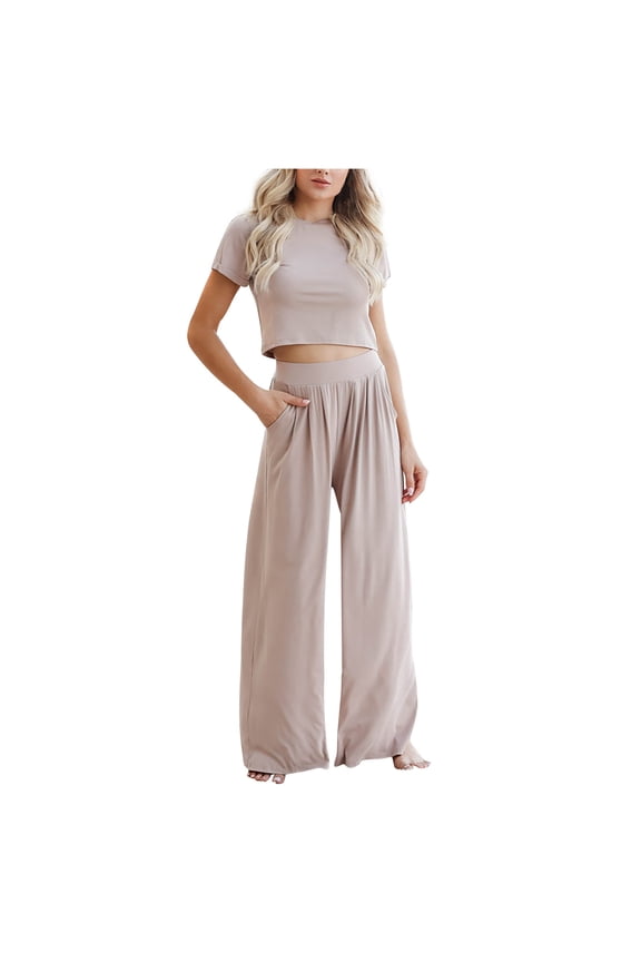 Women's 2 Piece Outfits Lounge Sets Ruched Short Sleeve Crop Tops and High Waisted Wide Leg Pants Matching Sets Tracksuit Khaki XXL