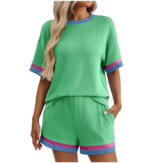 Atogsazn Women's 2 Piece Outfits Loungewear Colorblock Short Sleeve Womens Tops Elastic Waist Shorts Ribbed Knited Sets Green M
