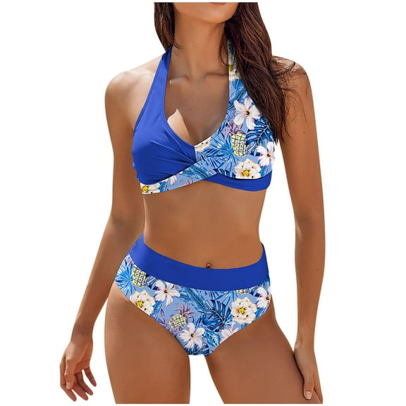 Atogsazn Women's 2 Piece Swimsuits Tummy Control High Waisted Bathing Suit Wrap Tie Back Retro Printed Bikini Sets Blue L