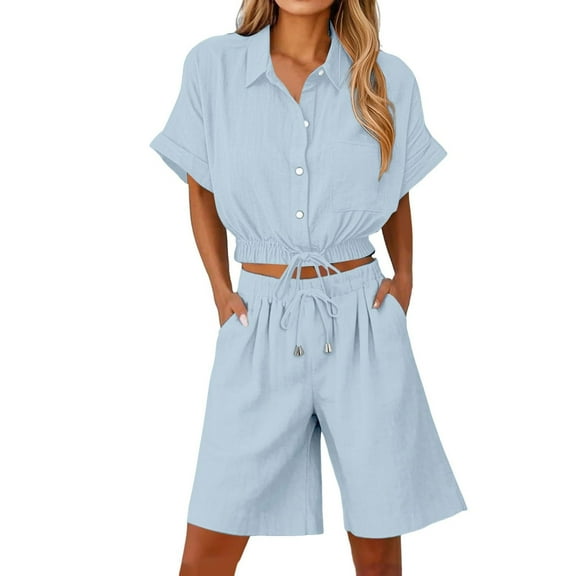 Atogsazn Women's 2PC Linen Set Casual Button Down Short Sleeve Shirt Drawstring Shorts Outfit Clothes 01-Light Blue L