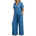 thumbnail image 1 of Atogsazn Women's 2Pcs Linen Set Casual Summer Short Sleeve Button Down Shirts Wide Leg Pants Outfit Clothes Fashion Blue XXL, 1 of 8