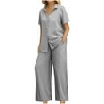 thumbnail image 1 of Atogsazn Women's 2Pcs Linen Set Casual Summer Short Sleeve Button Down Shirts Wide Leg Pants Outfit Clothes Fashion Gray S, 1 of 8