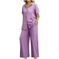 thumbnail image 1 of Atogsazn Women's 2Pcs Linen Set Casual Summer Short Sleeve Button Down Shirts Wide Leg Pants Outfit Clothes Fashion Purple M on Clearance, 1 of 8