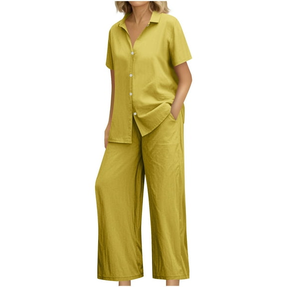 Atogsazn Women's 2Pcs Linen Set Casual Summer Short Sleeve Button Down Shirts Wide Leg Pants Outfit Clothes Fashion Yellow L