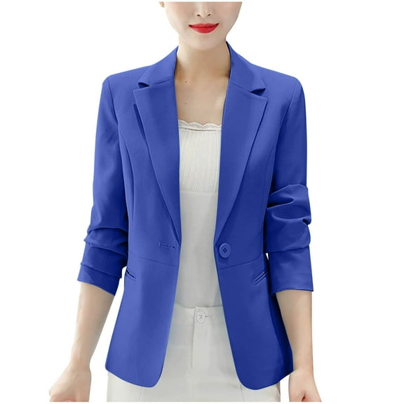Atogsazn Women's 3/4 Sleeve Blazer Casual Loose Office Work Blazers Business Tunic Top Outfit Fashion Blouses Blue S