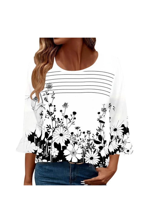 Women's 3/4 Sleeve Blouse Womens Casual Pleated Floral Print Flare Sleeve Top Clothes Fashion Beige XXL