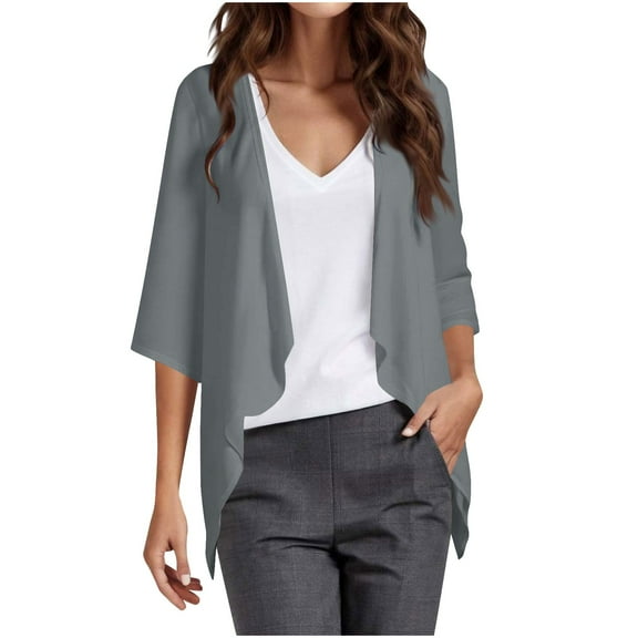 Atogsazn Women's 3/4 Sleeve Cardigan Tops Casual Flowy Loose Blouse Chiffon Lightweight Outfit Clothes Gray S