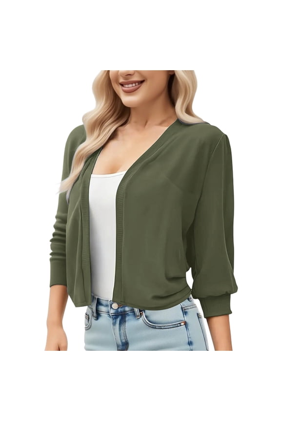 Women's 3/4 Sleeve Crop Shirt Cardigan Open Front Loose Tops Lightweight Fashion Blouse Army Green M