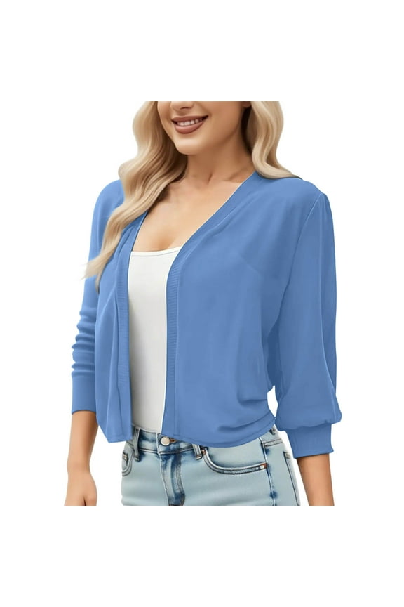 Women's 3/4 Sleeve Crop Shirt Cardigan Open Front Loose Tops Lightweight Fashion Blouse Blue L