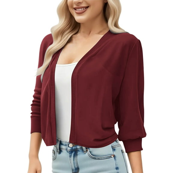 Atogsazn Women's 3/4 Sleeve Crop Shirt Cardigan Open Front Loose Tops Lightweight Fashion Blouse Wine L