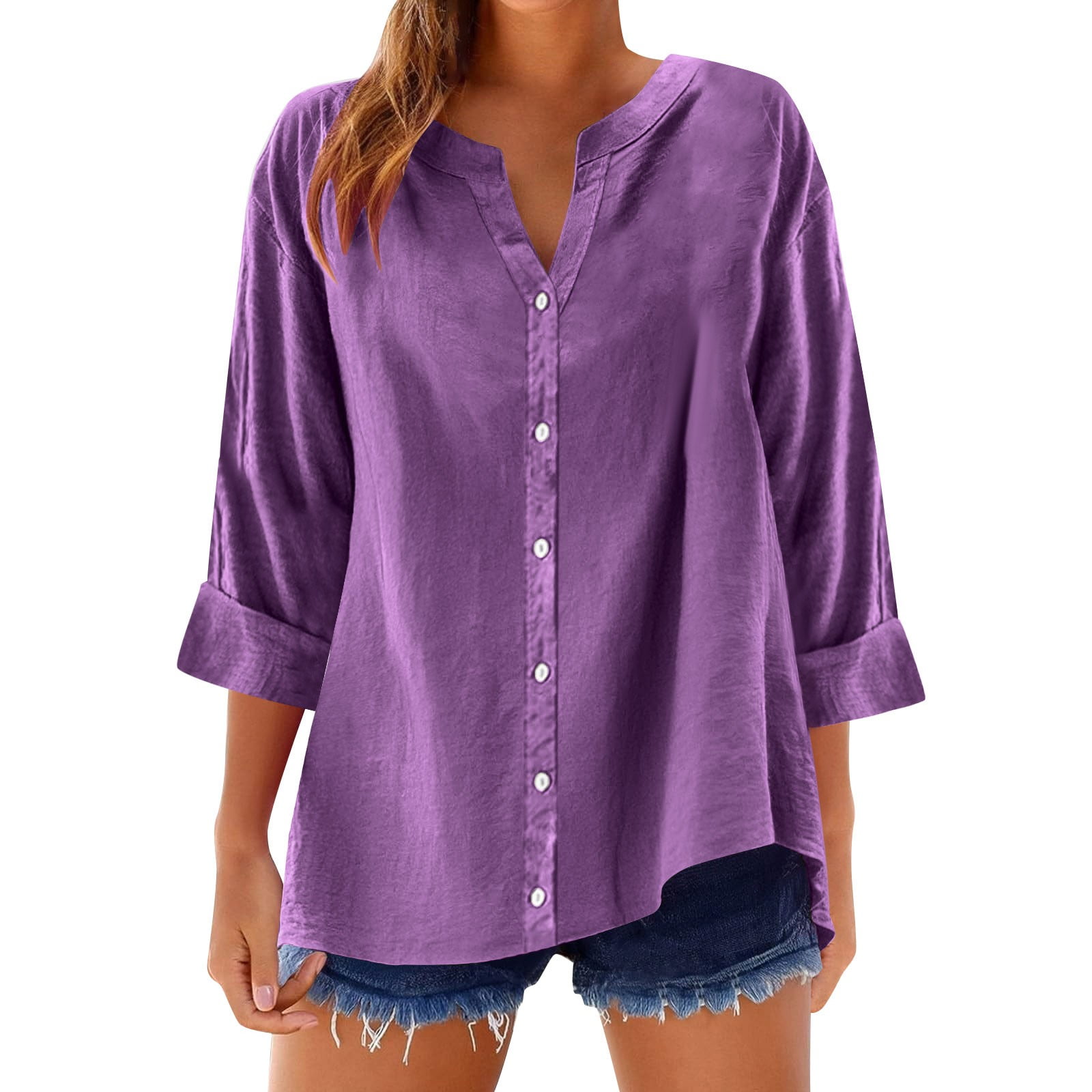 Purple Lace Up Solid Linen Summer Shirts O Neck