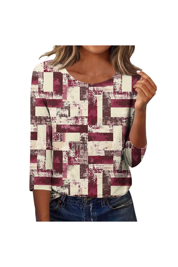 Women's 3/4 Sleeve T Shirts Casual Crewneck Loose Shirt Basic Tunic Top Business Dressy Work Blouses 02-Red S