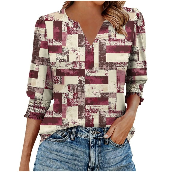 Atogsazn Women's 3/4 Sleeve T Shirts Casual V Neck Loose Shirt Basic Tunic Top Business Dressy Work Blouses 01-Red M