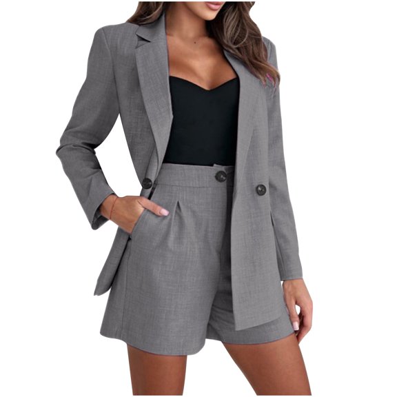 Atogsazn Women's Blazer Jackets Sets Summer Casual Long Sleeve Jackets Shorts 2 Piece Outfit Fashion Gray XL