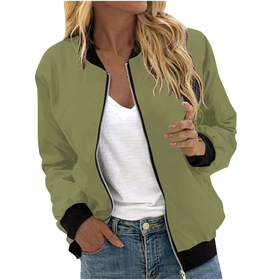 Atogsazn Women's Bomber Zip Up Jacket Casual Long Sleeve Windbreaker Jackets Coat Tops Blouse Outerwear with Pocket 04-Army Green XL Fashion