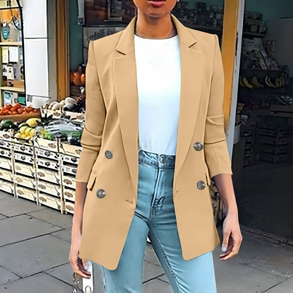 Atogsazn Women's Business Blazers Casual Button Lapel Long Sleeve Suits Jackets Fall Cardigan Clothes Fashion Khaki XL