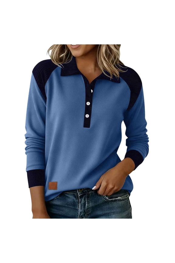 Women's Button Down Denim Sweatshirt Casual Pathwork Long Sleeve Pullover Shirt Lightweight Top Blouse 03-Blue M Fashion