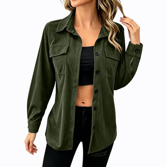 Atogsazn Women's Button Down Shacket Jacket Casual Ribbed Corduroy Long Sleeve Oversized Shirt Fall Winter Tops Army Green M Fashion