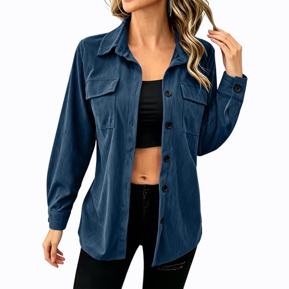 Atogsazn Women's Button Down Shacket Jacket Casual Ribbed Corduroy Long Sleeve Oversized Shirt Fall Winter Tops Blue S Fashion