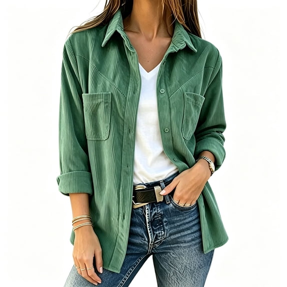 Atogsazn Women's Button Down Shacket Jacket Casual Ribbed Corduroy Long Sleeve Oversized Shirt Fall Winter Tops Green M Fashion
