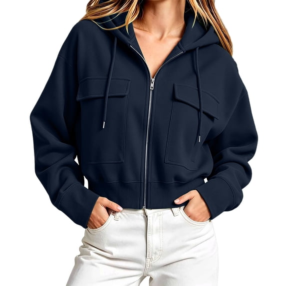 Atogsazn Women's Cargo Hooded Cropped Sweatshirt Casual Full Zip Long Sleeve Hoodies with Pocket Fall Winter Tops Navy M Fashion