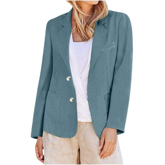 Atogsazn Women's Casual Blazer Jacket Button Long Sleeve Linen Jackets Lightweight Outfit Clothes Tops Sky Blue L Fashion