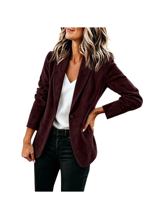 Women's Casual Blazer Jacket Suede Button Down Long Sleeve Suits Coat Bussiness Work Tops Outerwear Wine S Fashion