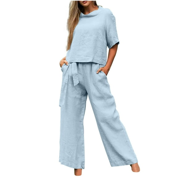 Atogsazn Women's Casual Cotton Linen 2 Piece Outfits Crewneck Short Sleeve Tops Tie Waist Pants Set Tracksuit with Pockets Blue M