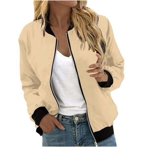 Atogsazn Women's Casual Jacket Lightweight Zip Up Crewneck Long Sleeve Jacket Loose Fashion Fall Outerwear C-Khaki XXXL
