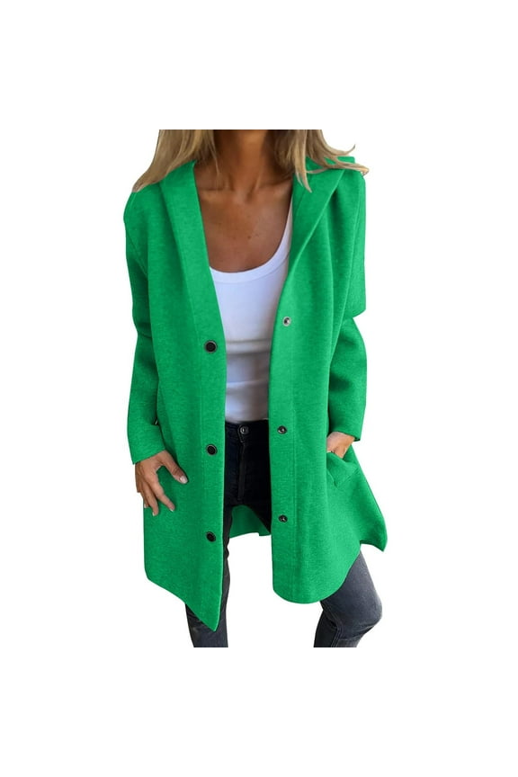 Women's Casual Jackets Button Long Sleeve Hooded Trench Coat Fashion Winter Warm Solid Color Tops Green S