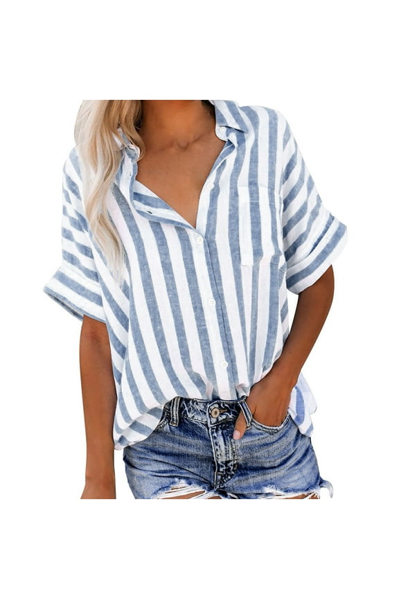 Women's Casual Linen Shirt Oversized Button Striped Short Sleeve Shirt Flowy Clothes for Women 01-Light Blue XL