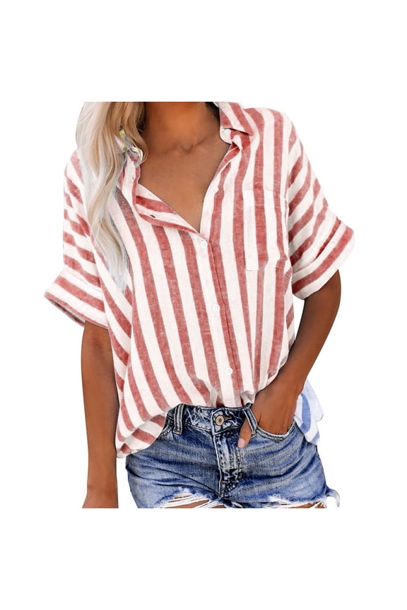 Women's Casual Linen Shirt Oversized Button Striped Short Sleeve Shirt Flowy Clothes for Women 01-Red L