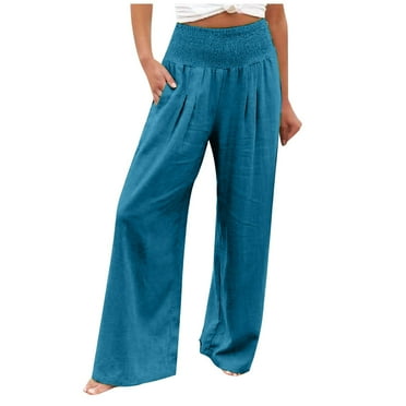 Atogsazn Women's Casual Linen Wide-Leg Pants High Elastic Waist Solid Color Sweatpants with Pocket Blue S on Clearance