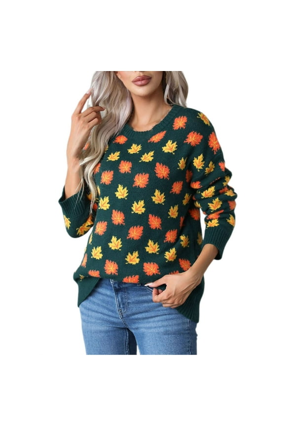 Women's Casual Maple Leaf Print Crewneck Knit Sweater 2024 Fall Winter Fashion Long Sleeve Graphic Loose Pullover Tops Dark Green L