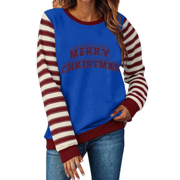 Atogsazn Women's Christmas Crew Neck Sweatshirt Casual Loose Striped Raglan Sleeve Blouse Fall Tops Outerwear Blue S Fashion