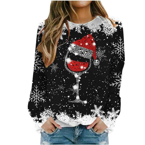 Atogsazn Women's Christmas Sweatshirt Casual Loose Long Sleeve Pullover Sweatshirts Festival Tops Clothing 03-Black S Fashion