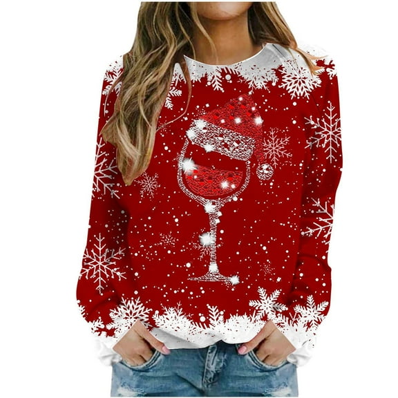 Atogsazn Women's Christmas Sweatshirt Casual Loose Long Sleeve Pullover Sweatshirts Festival Tops Clothing 03-Red XL Fashion