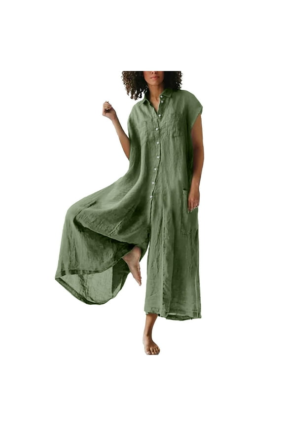 Women's Cotton Linen Loose Jumpsuits Plus Size Casual Short Sleeve Rompers Wide Leg Pants Overalls C-Green S