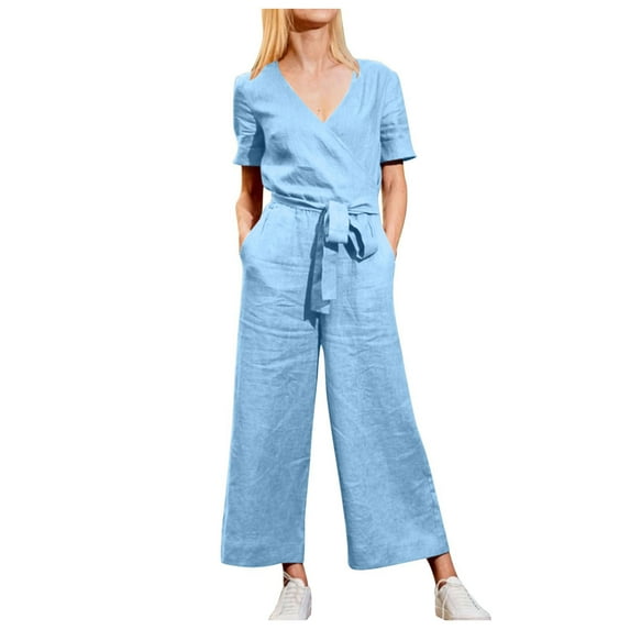 Atogsazn Women's Cotton Linen Loose Rompers Casual Shorts Sleeve V Neck Belt Jumpsuits Solid Color Overalls Pants Light Blue XXXL