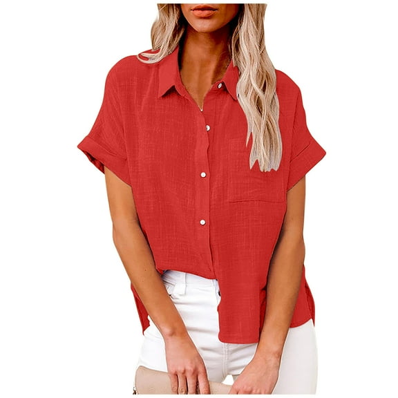 Atogsazn Women's Cotton Linen Shirts Summer Casual V Neck Short Sleeve Shirt Fashion Top Clothes Blouse 04-Red M