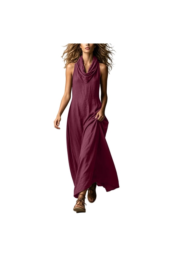 Women's Cowl Neck Linen Maxi Dress Loose Flowy Sleeveless Dresses Summer Lightweight A-Line Sundress Wine M Fashion