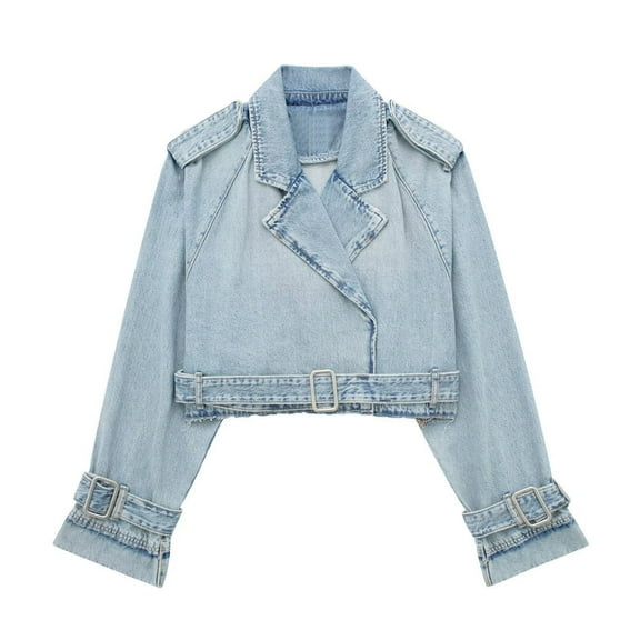 Atogsazn Women's Cropped Denim Jackets Casual Loose Lightweight Long Sleeve Jackets Fashion Tops Clothes Light Blue L