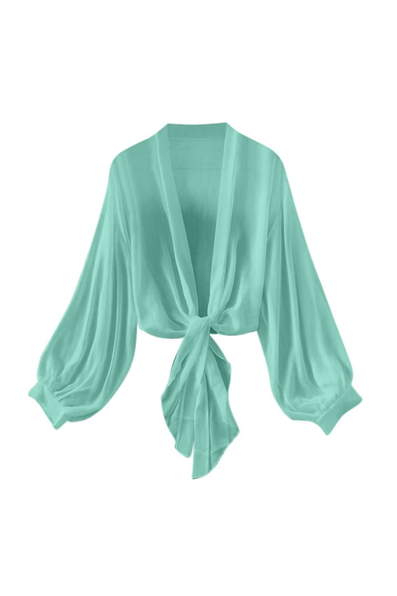 Women's Deep V Neck Long Sleeve Tie Front Knot Sexy Wrap Crop Top Blouse Fashion Summer 01-Green XL
