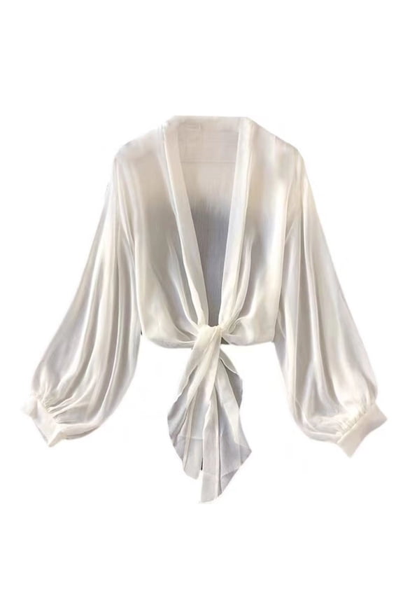 Women's Deep V Neck Long Sleeve Tie Front Knot Sexy Wrap Crop Top Blouse Fashion Summer 02-White S