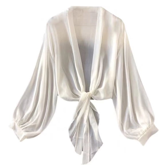 Atogsazn Women's Deep V Neck Long Sleeve Tie Front Knot Sexy Wrap Crop Top Blouse Fashion Summer 02-White XL